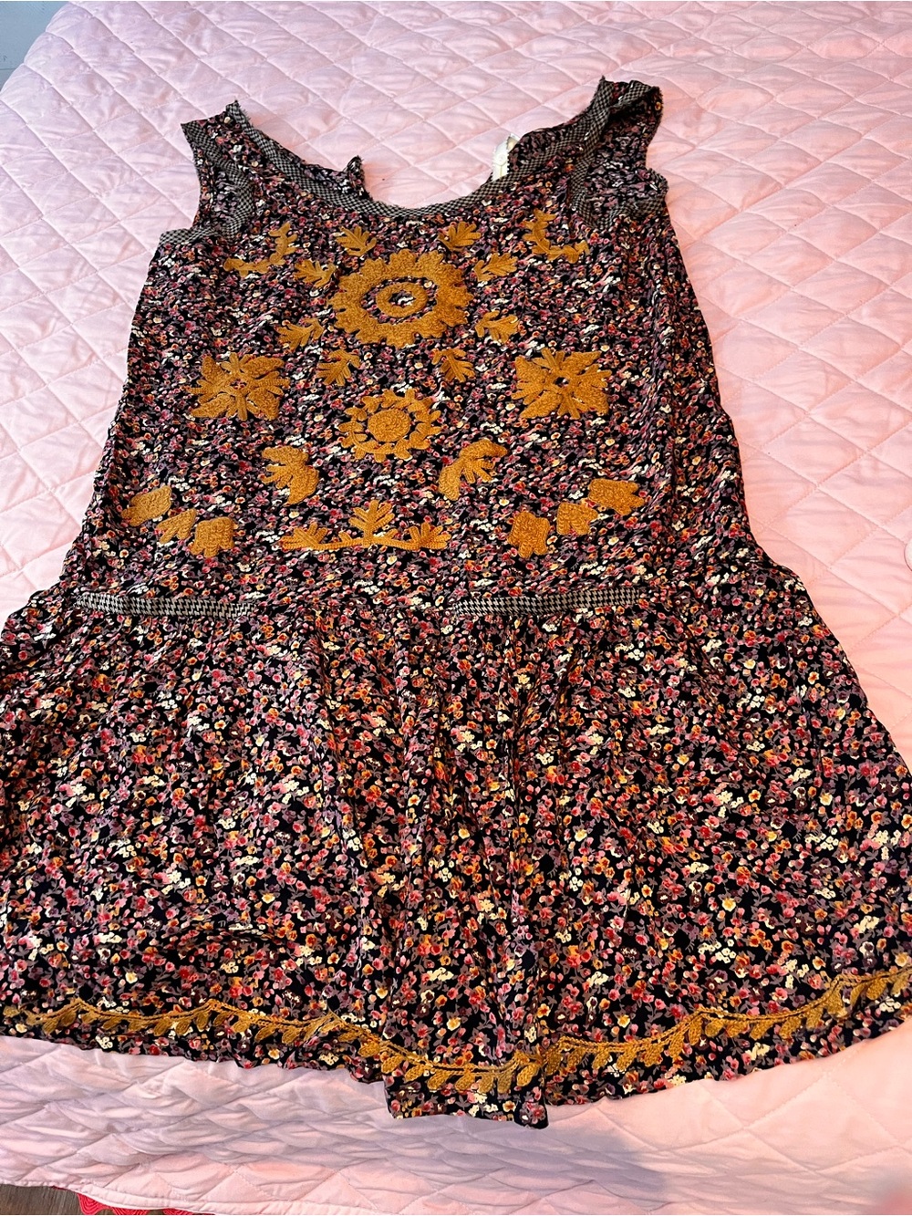 Uncle Frank Black Floral Dress with Mustard Embroidery Accents